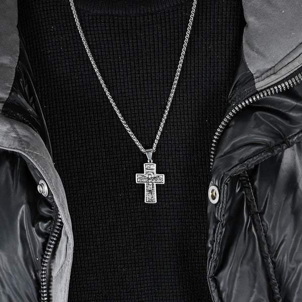 Men's Titanium Stainless Steel Crucifix Pendant Necklace - Intricate Biblical Engravings-Men's Pendant Necklace-SunnyHouse Jewelry