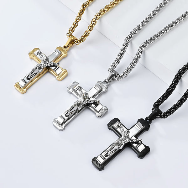 Men's Titanium Stainless Steel Crucifix Pendant Necklace - Detailed Jesus on Cross Design-Men's Pendant Necklace-SunnyHouse Jewelry