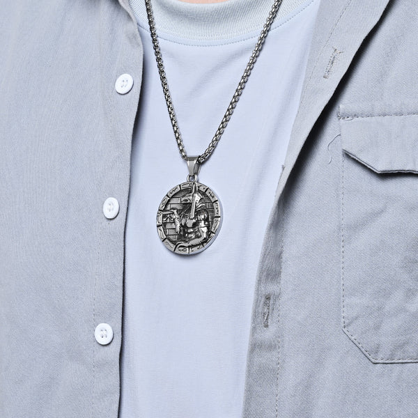 Men's Titanium Stainless Steel Pendant Necklace with Aztec Warrior Design - Antique Silver Finish, Hypoallergenic Chain Included-Men's Pendant Necklace-SunnyHouse Jewelry