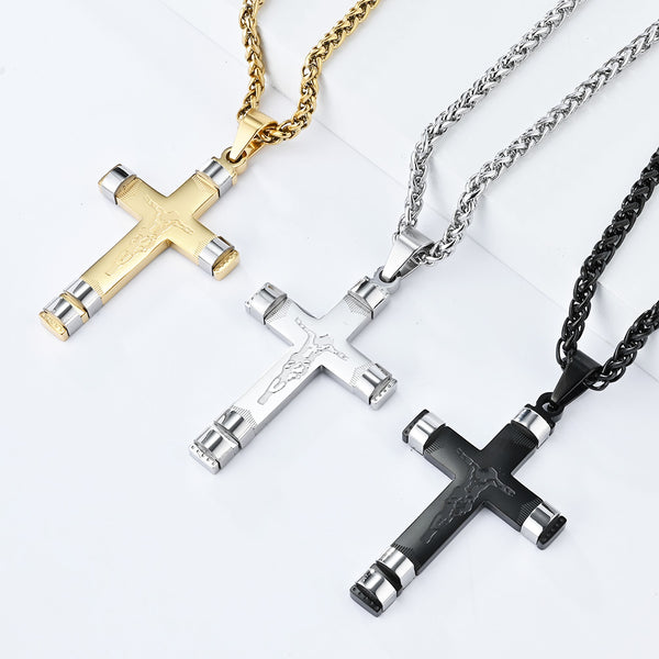 Men's Titanium Stainless Steel Crucifix Pendant Necklace - Luxurious Gold Tone with Detailed Engravings-Men's Pendant Necklace-SunnyHouse Jewelry