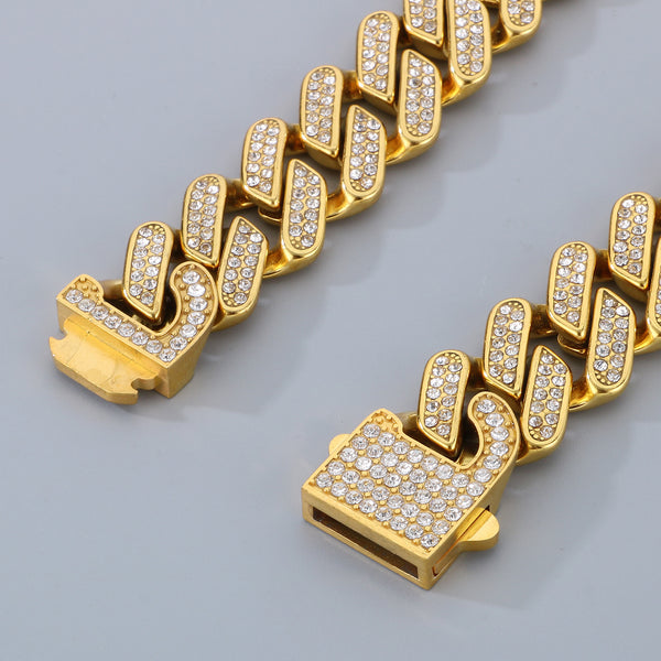 Men's Gold Titanium Stainless Steel Cuban Link Bracelet with Crystal Embellishments - Durable and Stylish-Men's Bracelet-SunnyHouse Jewelry