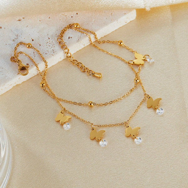 Delicate Gold Layered Anklet with Butterfly Charms and Crystal Drops - Perfect for Elegant Occasions-Women's Anklet-SunnyHouse Jewelry