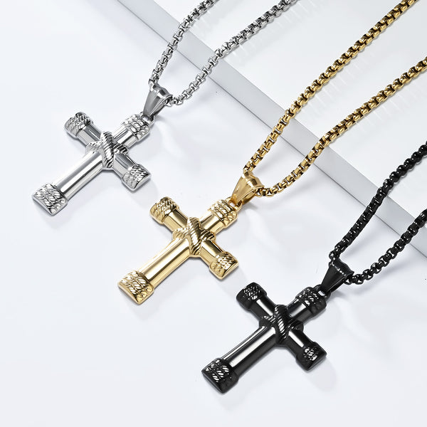 Men's Titanium Stainless Steel Cross Pendant Necklace with Braided Design - Sleek, All-Black Hypoallergenic Chain Included-Men's Pendant Necklace-SunnyHouse Jewelry