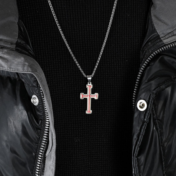 Men's Titanium Stainless Steel Cross Pendant Necklace with Red and White Enamel Inlay, a modern accessory designed to convey strength and faith.-Men's Pendant Necklace-SunnyHouse Jewelry