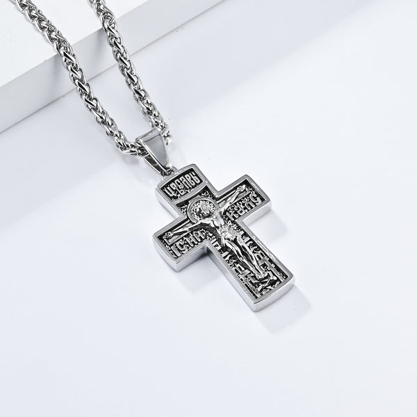 Men's Titanium Stainless Steel Crucifix Pendant Necklace - Intricate Biblical Engravings-Men's Pendant Necklace-SunnyHouse Jewelry