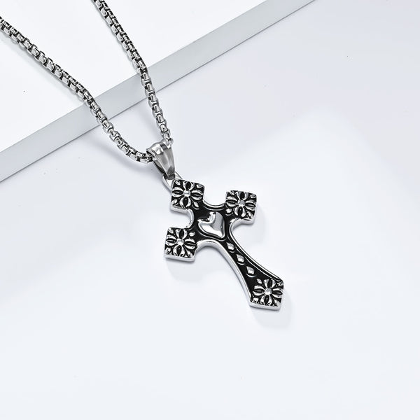 Men's Titanium Stainless Steel Cross Pendant Necklace with Heart and Floral Design - Elegant, Hypoallergenic Chain Included-Men's Pendant Necklace-SunnyHouse Jewelry