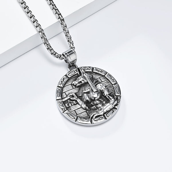 Men's Titanium Stainless Steel Pendant Necklace with Aztec Warrior Design - Antique Silver Finish, Hypoallergenic Chain Included-Men's Pendant Necklace-SunnyHouse Jewelry