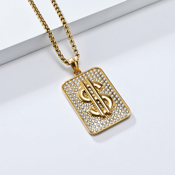 Men's Gold Titanium Stainless Steel Dollar Sign Pendant Necklace - Iced Out Design, Durable, Hypoallergenic, Stylish Hip-Hop Jewelry-Men's Pendant Necklace-SunnyHouse Jewelry