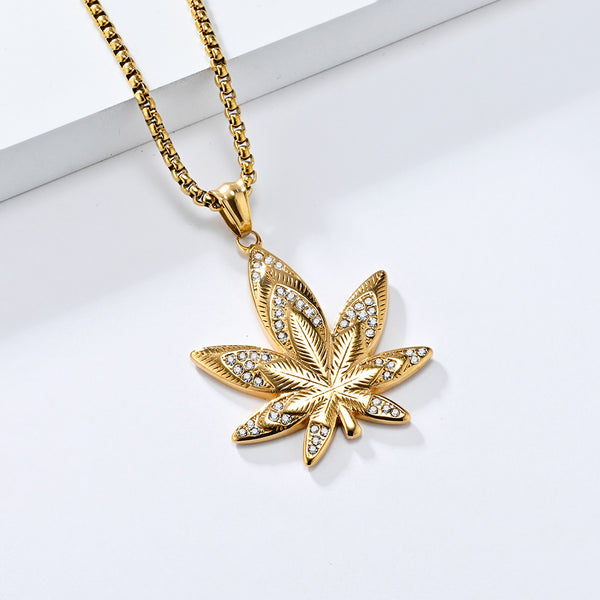 Men's Gold Titanium Stainless Steel Marijuana Leaf Pendant Necklace - Iced Out Design, Durable, Hypoallergenic, Stylish Hip-Hop Jewelry-Men's Pendant Necklace-SunnyHouse Jewelry