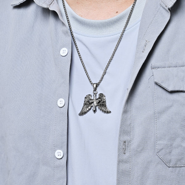 Men's Titanium Stainless Steel Angel Wings Sword Pendant Necklace with Cubic Zirconia - Durable, Hypoallergenic Chain Included-Men's Pendant Necklace-SunnyHouse Jewelry