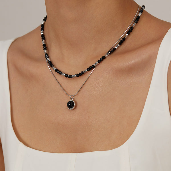 Women’s Titanium Stainless Steel Layered Black Bead Pendant Necklace – Minimalist and Stylish Fashion Jewelry for Casual and Formal Occasions-Women's Necklace-SunnyHouse Jewelry