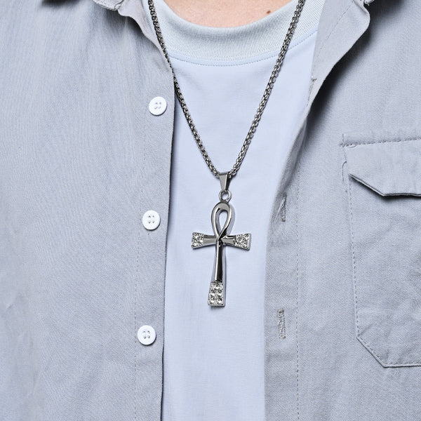 Men's Titanium Stainless Steel Cross Pendant Necklace with Ankh Design and Cubic Zirconia - Elegant Gold Finish, Hypoallergenic Chain Included-Men's Pendant Necklace-SunnyHouse Jewelry