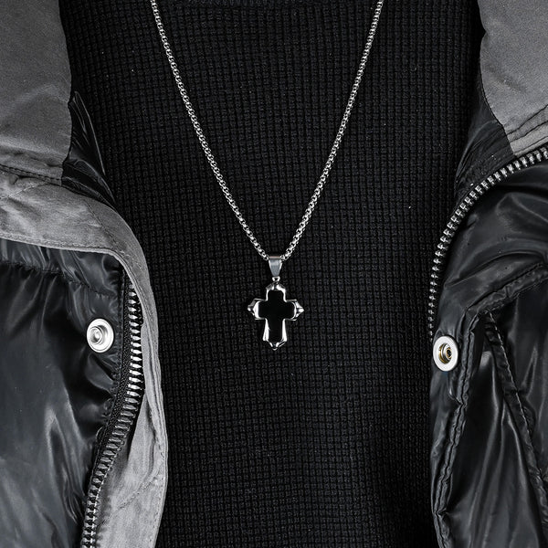 Men's Titanium Stainless Steel Pendant Necklace with Black Inlay Cross - Sleek and Modern Design-Men's Pendant Necklace-SunnyHouse Jewelry