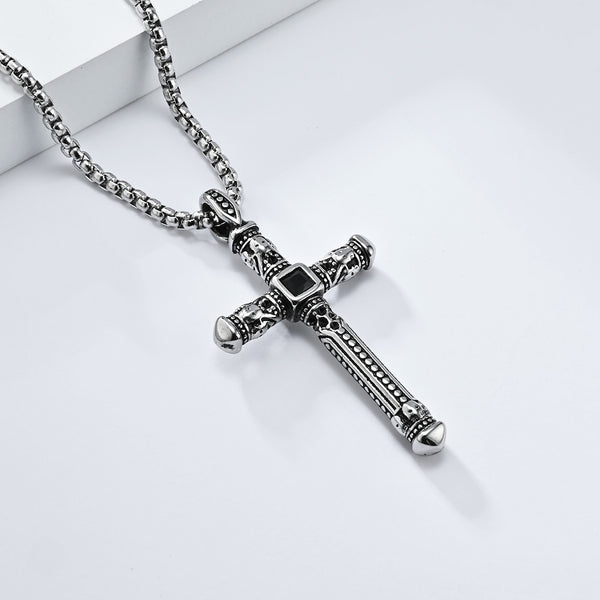 Men's Titanium Stainless Steel Gothic Cross Pendant Necklace - Bold Gold and Black Design-Men's Pendant Necklace-SunnyHouse Jewelry