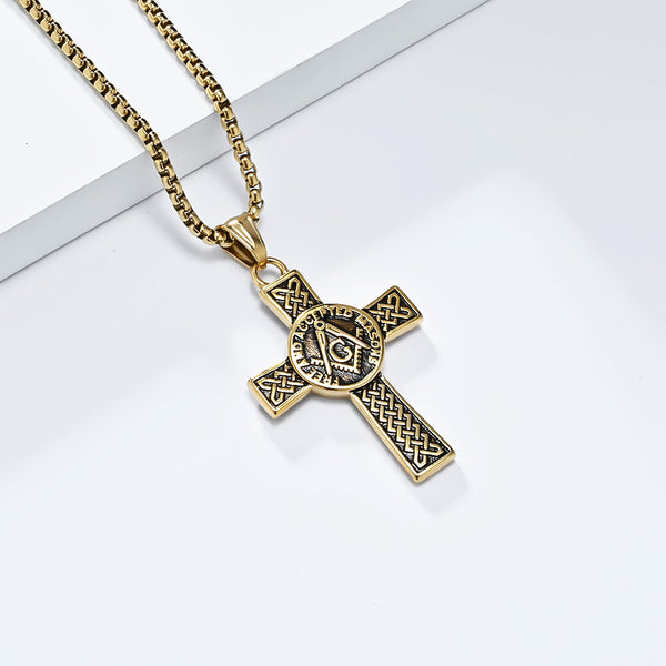 Men's Titanium Stainless Steel Freemason Cross Pendant Necklace with Celtic Knot Design - Durable, Hypoallergenic Chain Included-Men's Pendant Necklace-SunnyHouse Jewelry