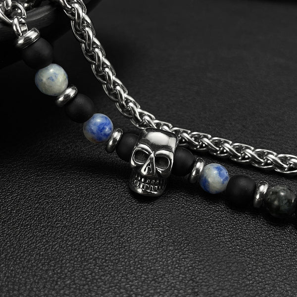 Men's Skull Bead Necklace with Black Onyx and Sodalite - Edgy Stainless Steel Chain, Perfect for Casual or Gothic Styles-Men's Pendant Necklace-SunnyHouse Jewelry