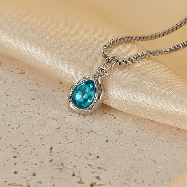 Elegant Women's Teardrop Pendant Necklace with Aquamarine Crystal - Silver Chain Jewelry-Women's Necklace-SunnyHouse Jewelry