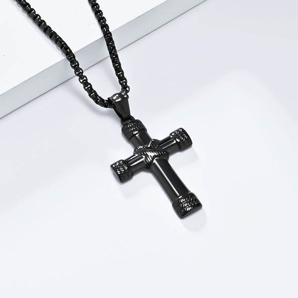 Men's Titanium Stainless Steel Cross Pendant Necklace with Braided Design - Sleek, All-Black Hypoallergenic Chain Included-Men's Pendant Necklace-SunnyHouse Jewelry