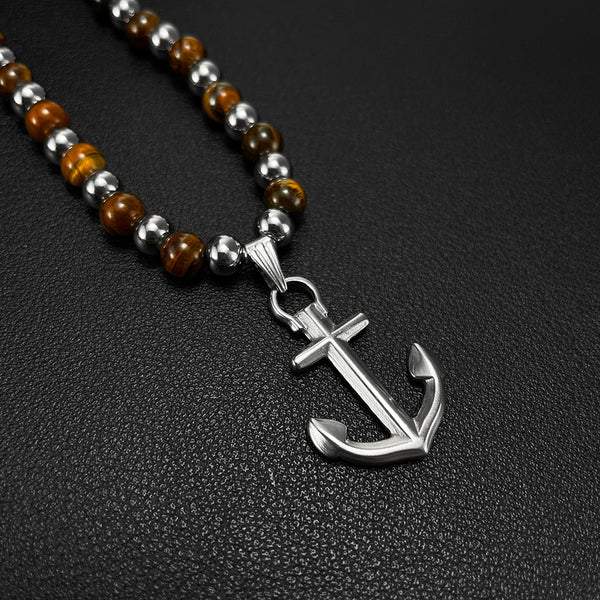 Men's Tiger Eye Bead Necklace with Stainless Steel Anchor Pendant - Elegant, Nautical-Themed Jewelry, Ideal for Daily Wear and Gift Giving-Men's Pendant Necklace-SunnyHouse Jewelry