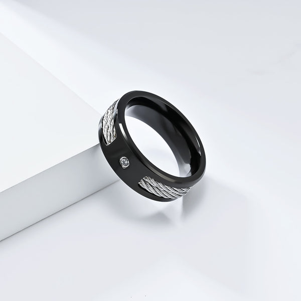 Men’s Titanium Stainless Steel Cable Wire Ring with Black Plating and Crystal Accent – Modern and Stylish Band for Men – Durable and Unique Gift-Men's Ring-SunnyHouse Jewelry