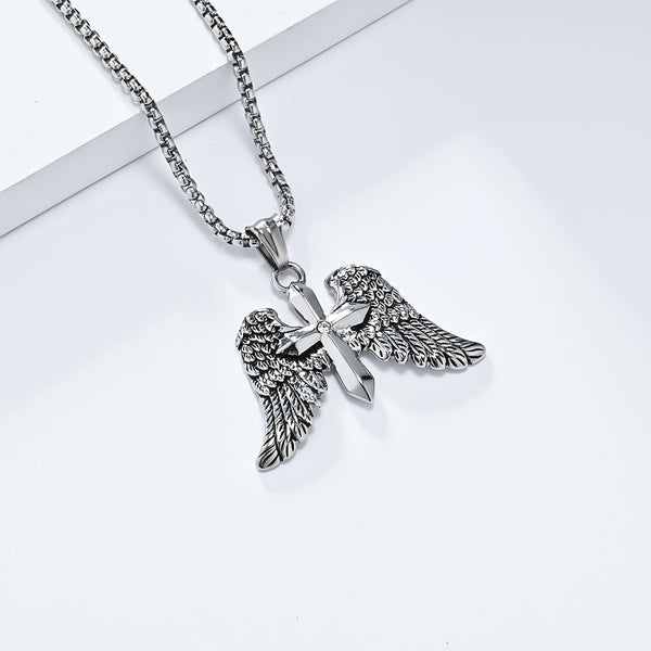 Men's Titanium Stainless Steel Angel Wings Sword Pendant Necklace with Cubic Zirconia - Durable, Hypoallergenic Chain Included-Men's Pendant Necklace-SunnyHouse Jewelry