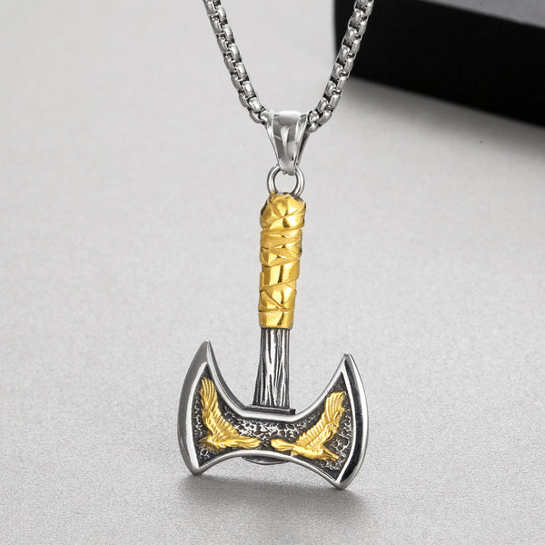 Men’s Titanium Stainless Steel Viking Axe Pendant Necklace – Double-Headed Axe with Gold-Tone Eagle Accents – Durable Nordic Jewelry for Men-Men's Pendant Necklace-SunnyHouse Jewelry