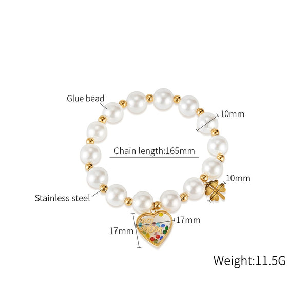 Women's Pearl and Titanium Stainless Steel Bracelet with "Best Mom" Heart Charm and Clover Pendant – Stretchable Bracelet – Hypoallergenic & Tarnish Resistant-Women's Bangle-SunnyHouse Jewelry