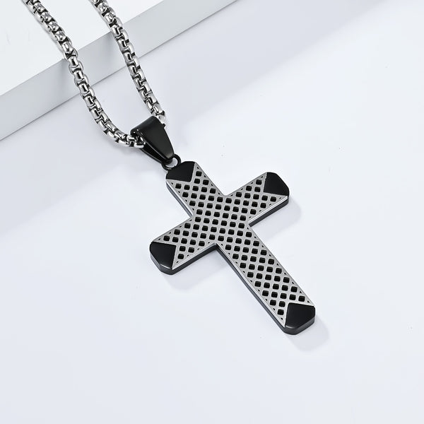 Men's Titanium Stainless Steel Cross Pendant Necklace with Blue Mesh Design - Modern and Stylish-Men's Pendant Necklace-SunnyHouse Jewelry