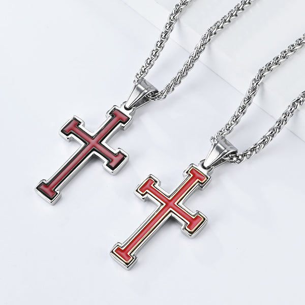 Men's Titanium Stainless Steel Cross Pendant Necklace with Red and White Enamel Inlay, a modern accessory designed to convey strength and faith.-Men's Pendant Necklace-SunnyHouse Jewelry