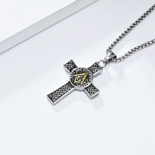 Men's Titanium Stainless Steel Freemason Cross Pendant Necklace with Celtic Knot Design - Durable, Hypoallergenic Chain Included-Men's Pendant Necklace-SunnyHouse Jewelry