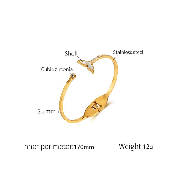 Women's Titanium Stainless Steel Whale Tail Bangle with Mother of Pearl and Cubic Zirconia – Gold-Plated Adjustable Bracelet – Hypoallergenic & Tarnish Resistant-Women's Bangle-SunnyHouse Jewelry