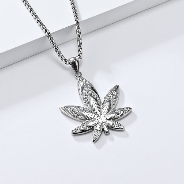 Men's Gold Titanium Stainless Steel Marijuana Leaf Pendant Necklace - Iced Out Design, Durable, Hypoallergenic, Stylish Hip-Hop Jewelry-Men's Pendant Necklace-SunnyHouse Jewelry