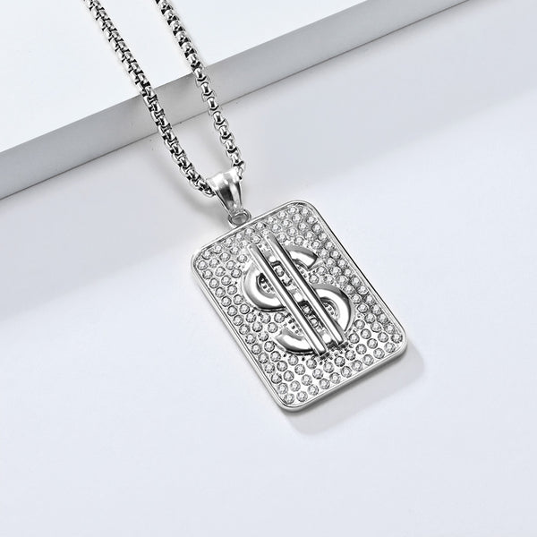 Men's Gold Titanium Stainless Steel Dollar Sign Pendant Necklace - Iced Out Design, Durable, Hypoallergenic, Stylish Hip-Hop Jewelry-Men's Pendant Necklace-SunnyHouse Jewelry