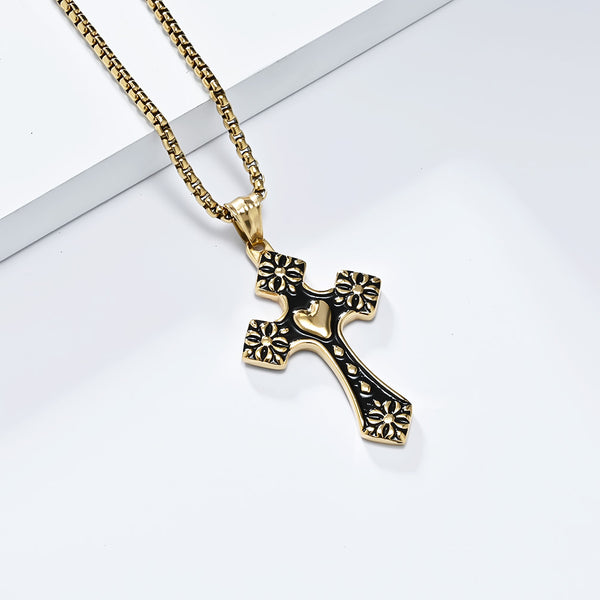 Men's Titanium Stainless Steel Cross Pendant Necklace with Heart and Floral Design - Elegant, Hypoallergenic Chain Included-Men's Pendant Necklace-SunnyHouse Jewelry