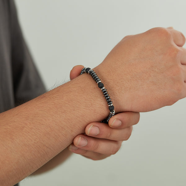 Sleek Men's Hematite and Lava Stone Bracelet with Stainless Steel Accents - Modern and Masculine Jewelry-Men's Bracelet-SunnyHouse Jewelry