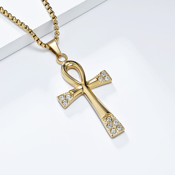 Men's Titanium Stainless Steel Cross Pendant Necklace with Ankh Design and Cubic Zirconia - Elegant Gold Finish, Hypoallergenic Chain Included-Men's Pendant Necklace-SunnyHouse Jewelry