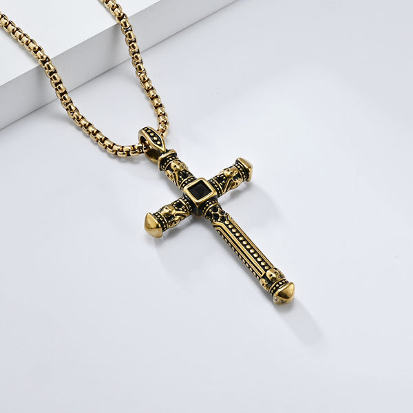 Men's Titanium Stainless Steel Gothic Cross Pendant Necklace - Bold Gold and Black Design-Men's Pendant Necklace-SunnyHouse Jewelry