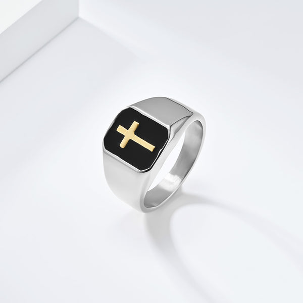 Men’s Titanium Stainless Steel Cross Ring – Black and Gold Religious Ring for Men – Durable Christian Jewelry – Stylish Faith Accessory-Men's Ring-SunnyHouse Jewelry