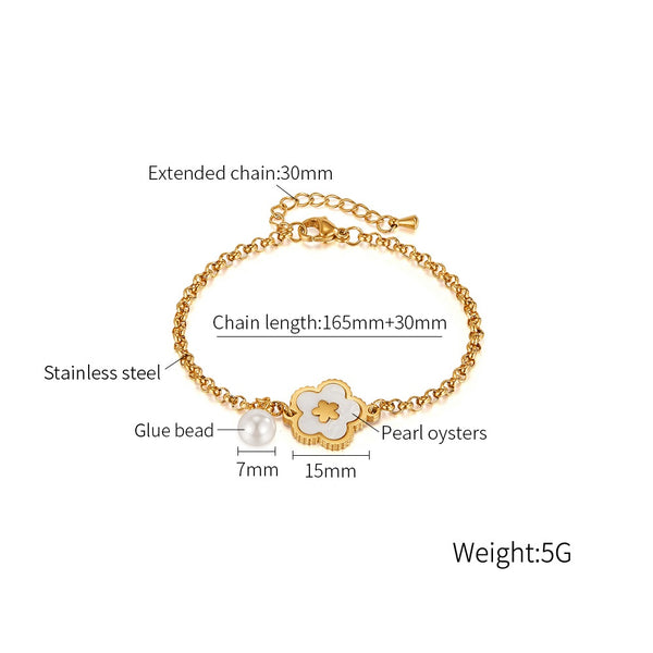 Women's Titanium Stainless Steel Bracelet with Flower Pendant and Pearl Accent – Gold-Plated Adjustable Bracelet – Hypoallergenic & Tarnish Resistant-Women's Bangle-SunnyHouse Jewelry