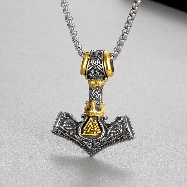 Men’s Titanium Stainless Steel Thor’s Hammer Pendant Necklace – Mjolnir Viking Jewelry with Gold and Silver Accents – Durable Norse Accessory for Men-Men's Pendant Necklace-SunnyHouse Jewelry