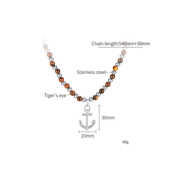 Men's Tiger Eye Bead Necklace with Stainless Steel Anchor Pendant - Elegant, Nautical-Themed Jewelry, Ideal for Daily Wear and Gift Giving-Men's Pendant Necklace-SunnyHouse Jewelry