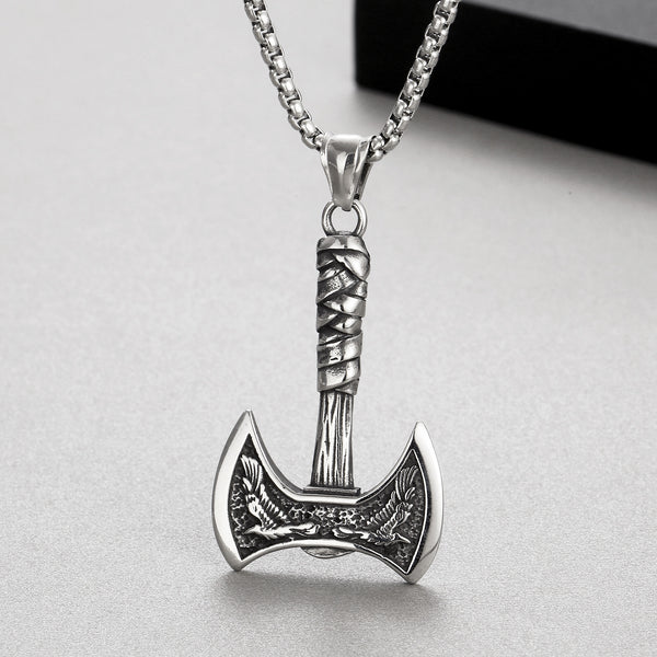 Men’s Titanium Stainless Steel Viking Axe Pendant Necklace – Double-Headed Axe with Gold-Tone Eagle Accents – Durable Nordic Jewelry for Men-Men's Pendant Necklace-SunnyHouse Jewelry