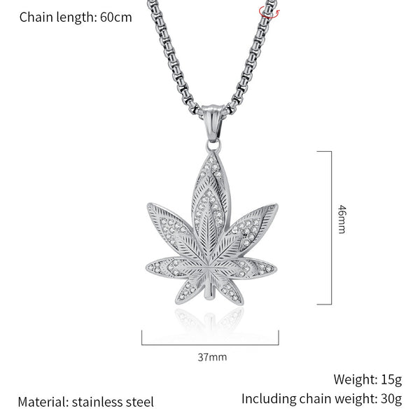 Men's Gold Titanium Stainless Steel Marijuana Leaf Pendant Necklace - Iced Out Design, Durable, Hypoallergenic, Stylish Hip-Hop Jewelry-Men's Pendant Necklace-SunnyHouse Jewelry