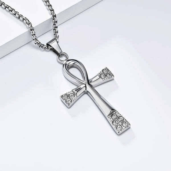 Men's Titanium Stainless Steel Cross Pendant Necklace with Ankh Design and Cubic Zirconia - Elegant Gold Finish, Hypoallergenic Chain Included-Men's Pendant Necklace-SunnyHouse Jewelry