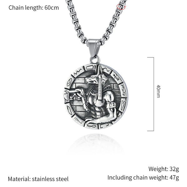 Men's Titanium Stainless Steel Pendant Necklace with Aztec Warrior Design - Antique Silver Finish, Hypoallergenic Chain Included-Men's Pendant Necklace-SunnyHouse Jewelry