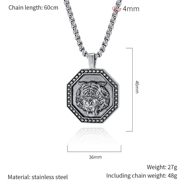 Men's Titanium Stainless Steel Tiger Pendant Necklace with Antique Silver Finish - Bold, Hypoallergenic Chain Included-Men's Pendant Necklace-SunnyHouse Jewelry