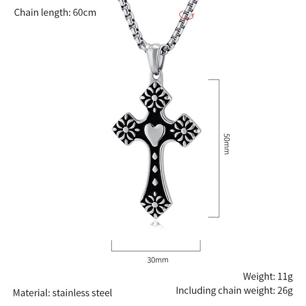 Men's Titanium Stainless Steel Cross Pendant Necklace with Heart and Floral Design - Elegant, Hypoallergenic Chain Included-Men's Pendant Necklace-SunnyHouse Jewelry