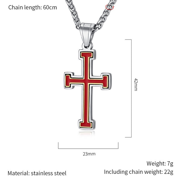 Men's Titanium Stainless Steel Cross Pendant Necklace with Red and White Enamel Inlay, a modern accessory designed to convey strength and faith.-Men's Pendant Necklace-SunnyHouse Jewelry