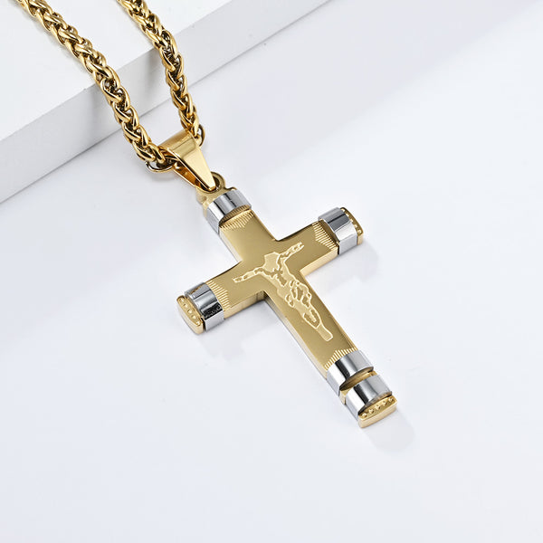 Men's Titanium Stainless Steel Crucifix Pendant Necklace - Luxurious Gold Tone with Detailed Engravings-Men's Pendant Necklace-SunnyHouse Jewelry