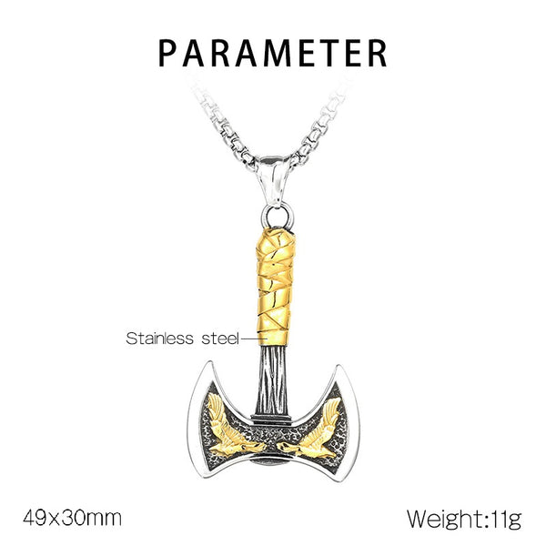 Men’s Titanium Stainless Steel Viking Axe Pendant Necklace – Double-Headed Axe with Gold-Tone Eagle Accents – Durable Nordic Jewelry for Men-Men's Pendant Necklace-SunnyHouse Jewelry